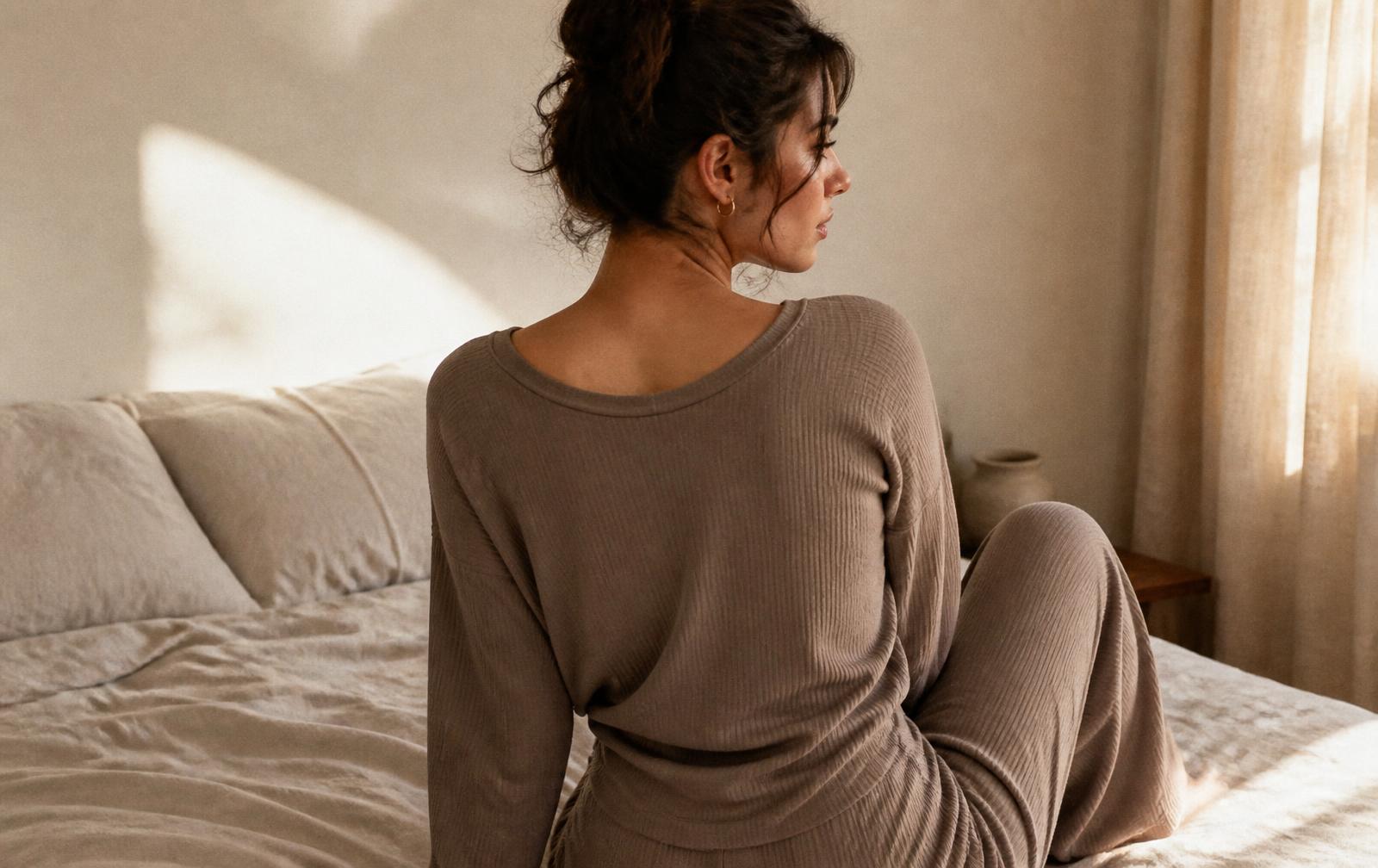 Woman wearing a relaxed taupe Solo Body lounge set in warm morning light