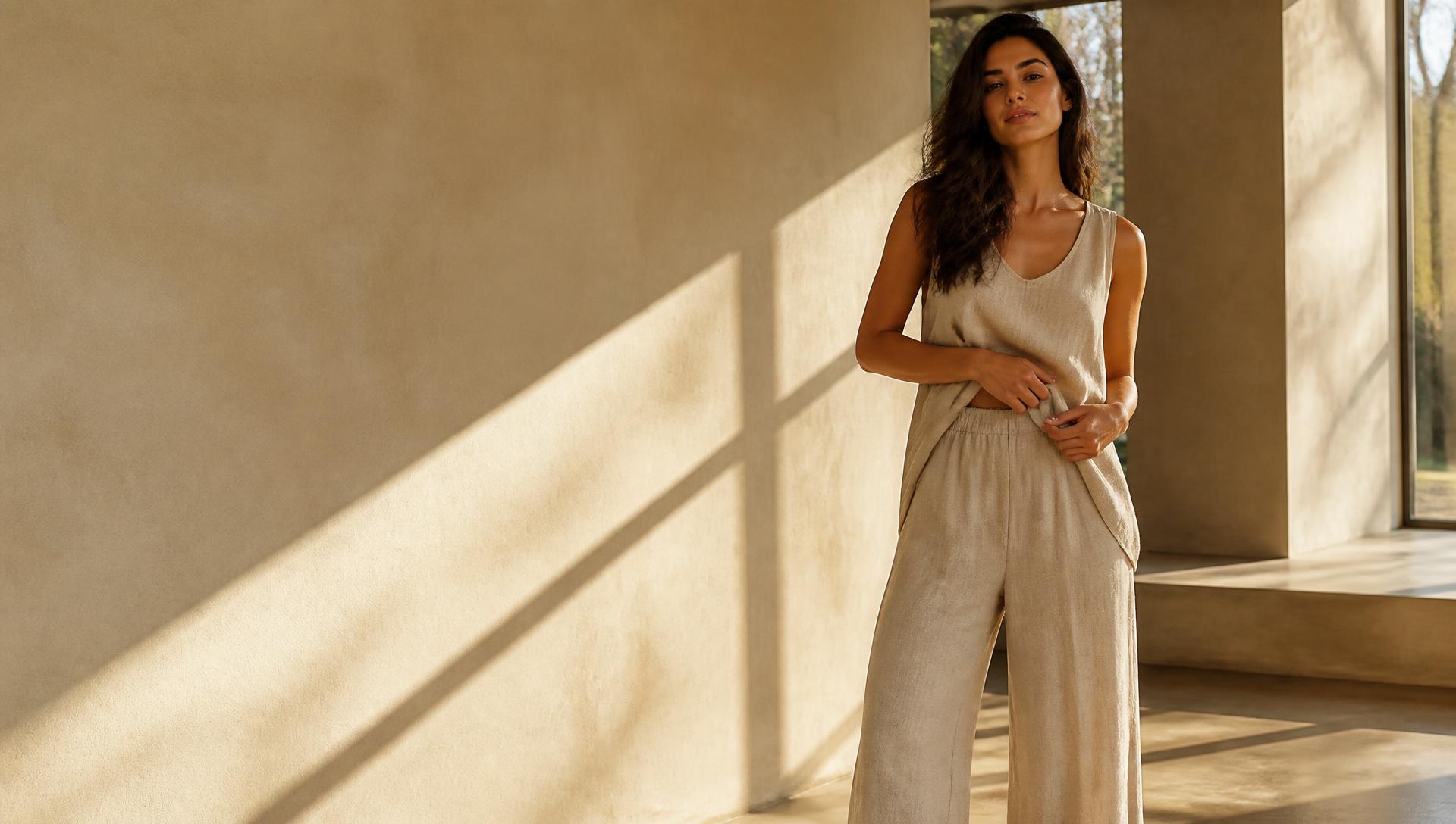 Woman in a relaxed beige linen Solo Body set standing in warm sunlight in a minimal modern interior