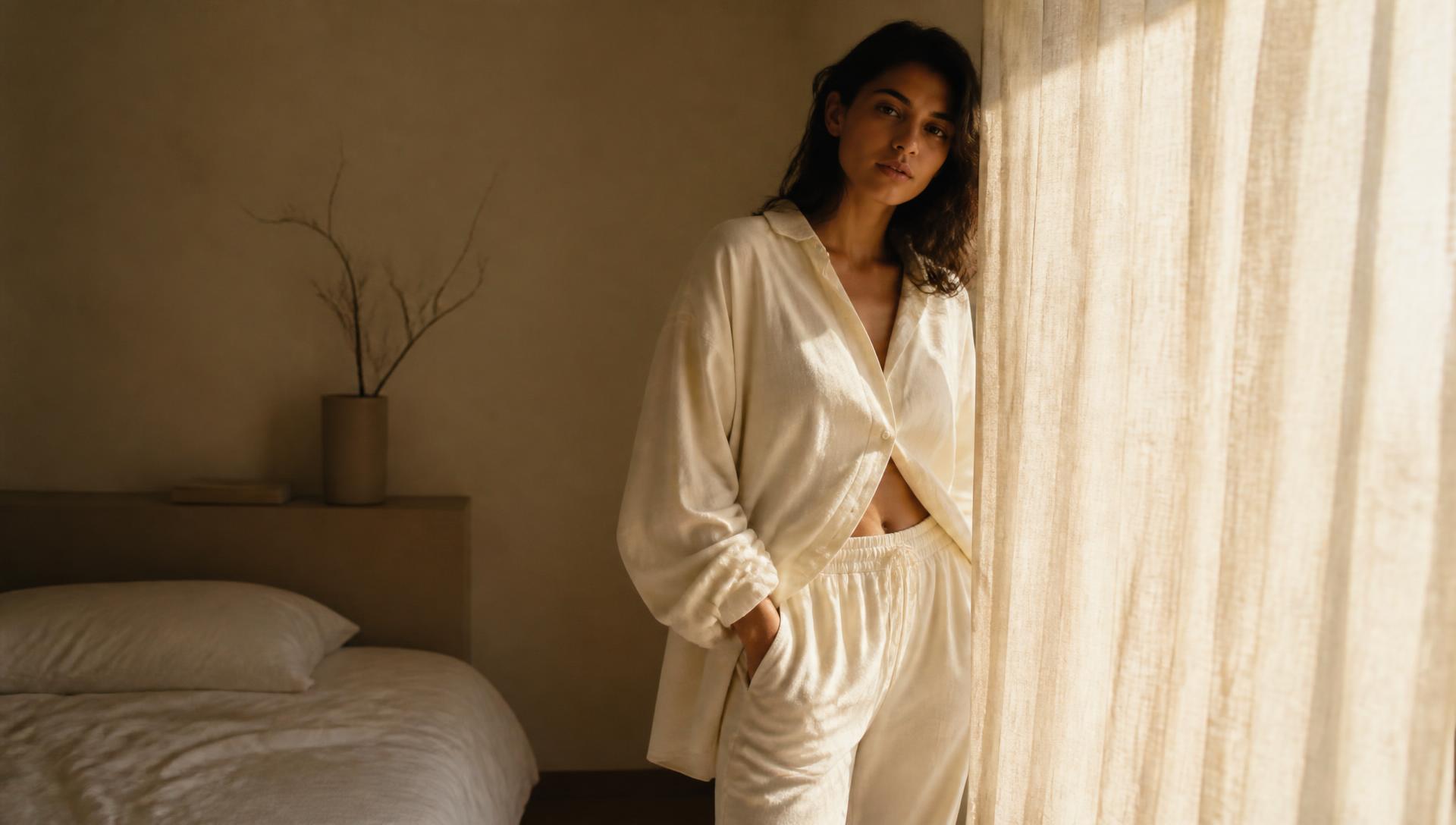Woman wearing relaxed cream Solo Body loungewear in soft morning light